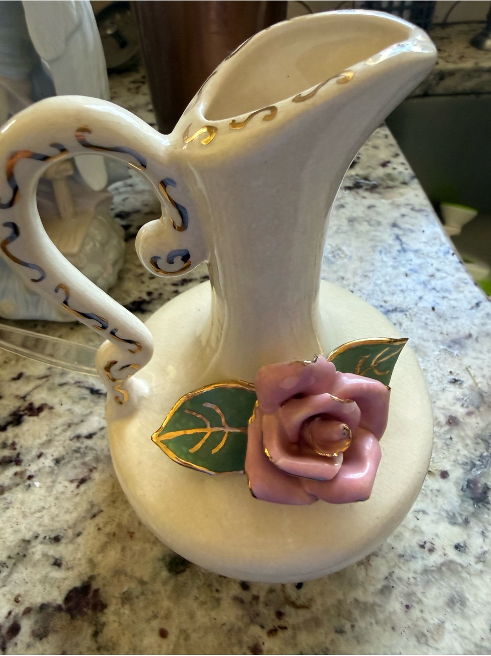 White Ceramic Pitcher with Pink Rose Accent - Elegant Home Accent